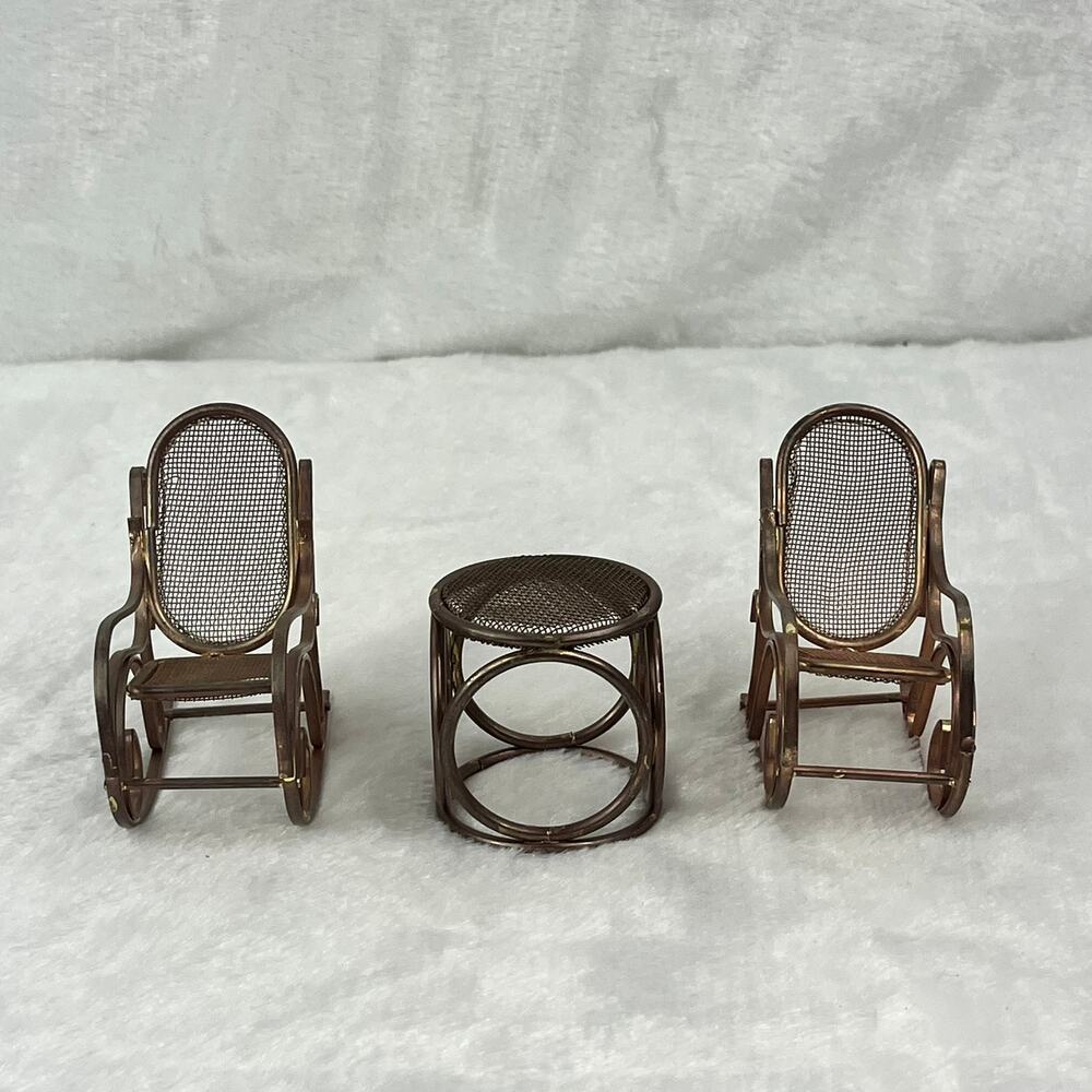 Vintage Brass Miniature Dollhouse Rocking Chairs & Table Set Woven Seat 1:12 - Picture 2 of 11